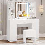 IRONCK Vanity Desk Set with Large LED Lighted Mirror & Power Outlet, 7 Drawers Vanities Dressing Makeup Table with Storage Bench, for Bedroom, Industrial Style White IRONCK
