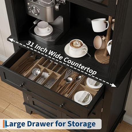 IDEALHOUSE 72" in Tall Kitchen Pantry Storage Cabinet, Elegant Pantry Hutch Bar Cabinet with Microwave Stand & Drawers, Glass Doors for Dining Room, Kitchen, Living Room (Black & 32 Inches Wide) IDEALHOUSE
