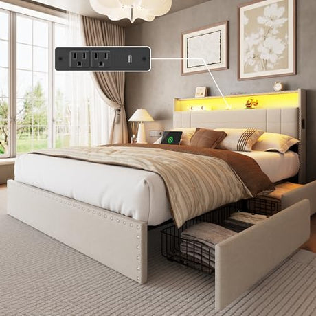 Forestell Queen Bed Frame with 4 Drawers and Storage Headboard, Upholstered Platform Bed Frame Queen Size with LED Lights and Charging Station, Metal Slats Support, No Box Spring Needed, Beige Forestell