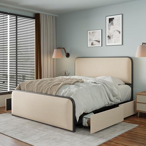 Merax Metal Platform Bed King Size with Curved Upholstered Headboard and Footboard, King Bed Frame with 4 Storage Drawers Under Bed, Heavy Duty Metal Slats, No Box Spring Needed, Easy Assembly, Beige Merax