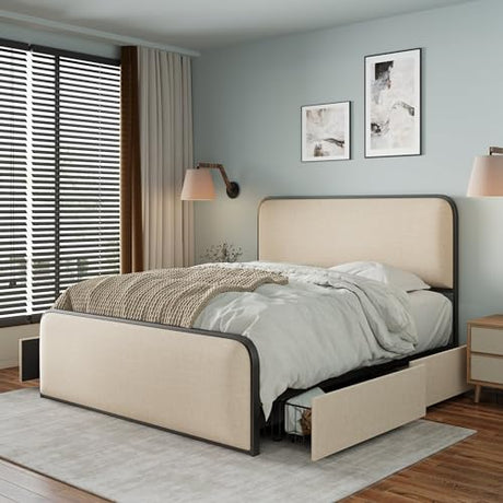 Merax Metal Platform Bed King Size with Curved Upholstered Headboard and Footboard, King Bed Frame with 4 Storage Drawers Under Bed, Heavy Duty Metal Slats, No Box Spring Needed, Easy Assembly, Beige Merax