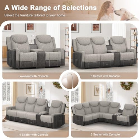 Dresegmt Home Theater Seating, Manual Recliner Sectional Sofa for Living Room, 5 Seater Reclining Sectional Couch with Flip-Up Backrest, Storage Console, USB Ports, Grey Linen & Chocolate Leather Dresegmt