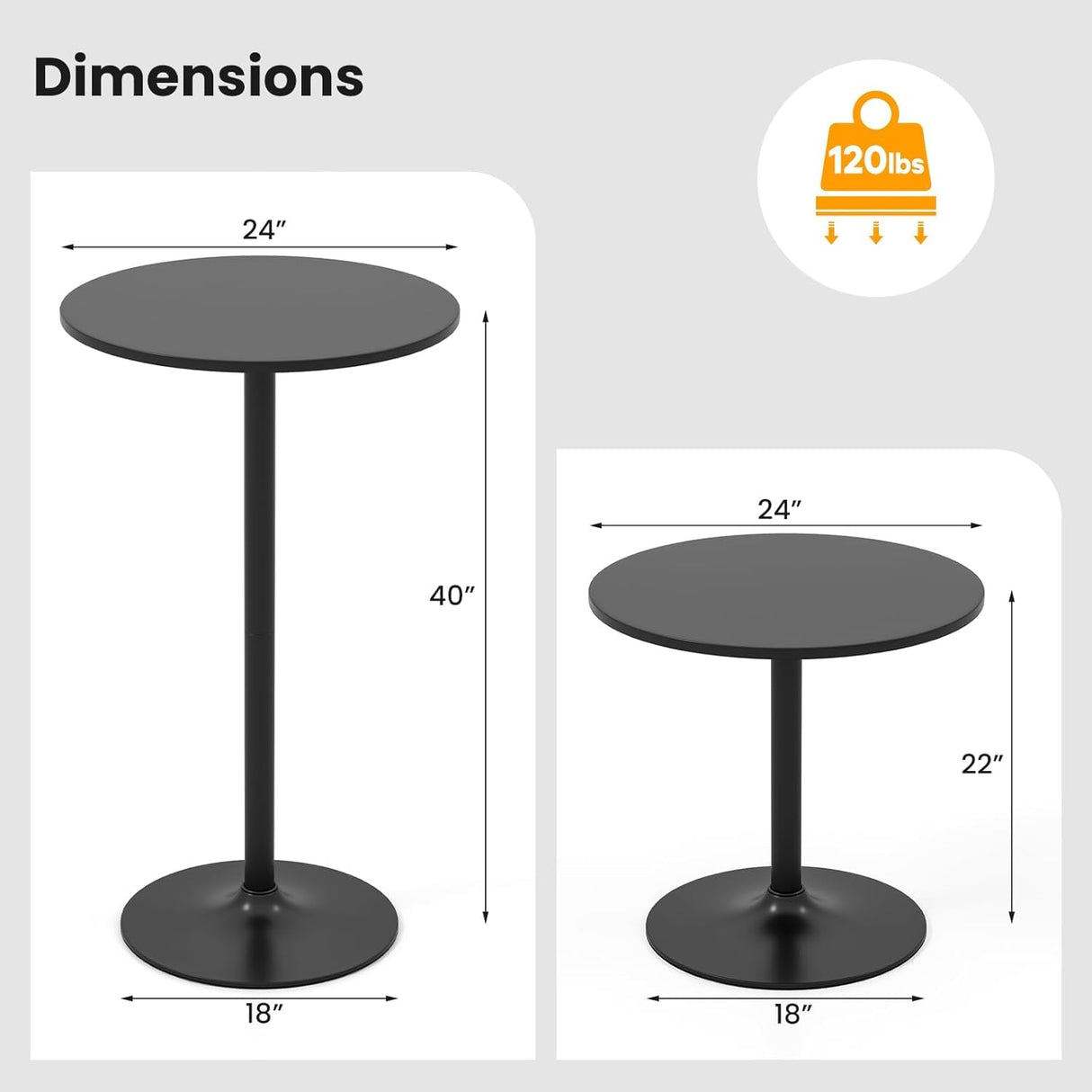 ERGOMASTER Two-in-one Adjustable Height Bar Tables – 24 inch Round Cocktail Table with Sturdy Metal Base, 120 lbs Capacity, 40"/22" Two Convertible Height for Living Room,Restaurant Bistro ERGOMASTER