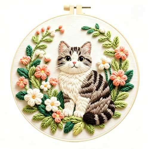 Zhenqing Gray Cat Embroidery Kit for Beginners, Pre-Printed 29x29cm Cotton Fabric with 20cm Hoop, Cute Striped Cat in Floral Wreath Design (C0245)