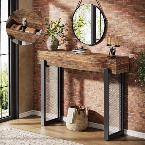 Tribesigns 41" Narrow Entryway Table, Wooden Console Table with with Storage, Industrial Small Sofa Table with Mesh Metal Legs for Foyer, Hallway, Entryway, Living Room, Rustic Brown & Black Tribesigns