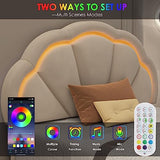 HIFIT Twin Upholstered LED Bed Frame with Adjustable Petal Headboard in Beige - Soft Velvet Princess Platform Bed for Kids HIFIT