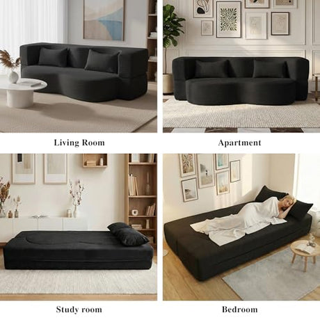 LIANGFU 78 Inch 2-in-1 Convertible Sofa,Futon Folding Sofa Bed,Pull Out Sofa Bed Boneless Couch with 2 Pilow,oveseat Sleeper Floor Sofa for Bedroom Living Room Office, Apartment(Teddy, Black) LIANGFU