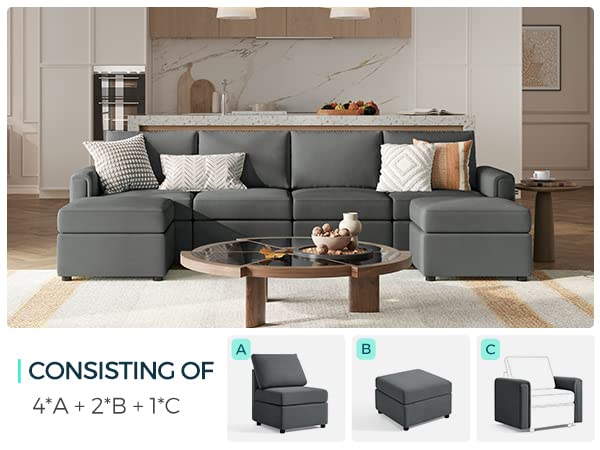 LINSY HOME Modular Sectional Sofa, Convertible U Shaped Sofa Couch with Storage, Memory Foam, Modular Sectionals with Ottomans, 6 Seat Sofa Couch with Chaise for Living Room, Dark Grey LINSY HOME