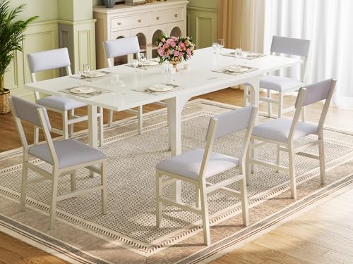 7-Piece Dining Table Set for 4-6, Extendable Kitchen Table Cushion Chairs Set of 6 with 6 Chairs, Rectangle Dining Table with Metal Frame & MDF Board, Folding for Small Apartment Saving Space, White HUAHUU