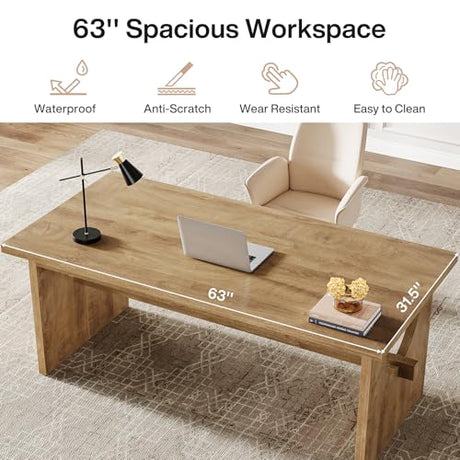 Tribesigns Executive Office Desk, 63-Inch Farmhouse Computer Desk, Large Writing Study Conference Table with Sturdy Legs, Business Workstation Table for Home Office, Rustic Brown Tribesigns