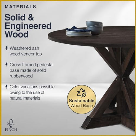 Finch Alfred Round Solid Wood Rustic Dining Table for Farmhouse Kitchen Room Decor, Wooden Trestle Pedestal Base, 46.5" Wide Circular Tabletop, Distressed Dark Brown Finch