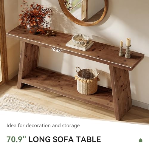 TRIBEWOOD 70.9'' Solid Wood Console Table, Narrow Long Sofa Table Behind Couch with 2-Tier Storage, Farmhouse Entryway Table for Living Room, Hallway, Foyer, Brown TRIBEWOOD