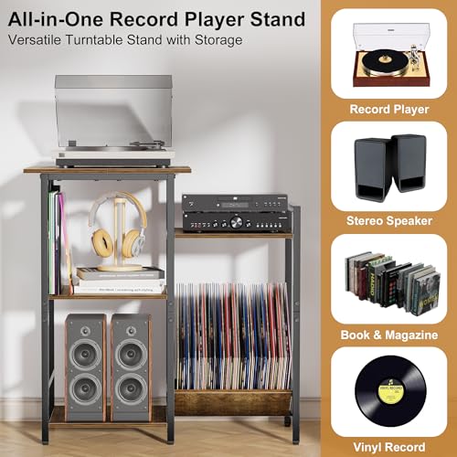 HYPIGO Record Player Stand with Power Outlets, Turntable Stand with Vinyl Record Storage Holds 300+ Albums, Record Player Table with Vinyl Display Holder for Living Room HYPIGO