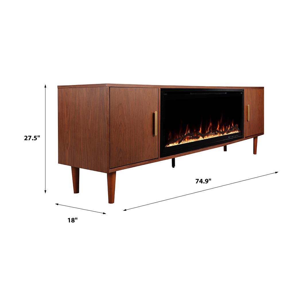 Modern Ember Marcel 72-in Smart Electric Fireplace TV Stand | 42” Firebox Heater | Multi-Flame Colors | Remote, Wi-Fi App, Alexa & Google | Fits TVs up to 80” | Warm Walnut with Brass Handles