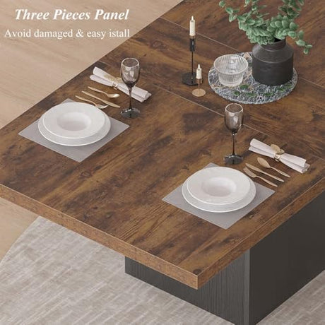 HSH Dining Table for 6 to 8, 71” Wood Rectangular Dinner Table, 6 ft Industrial Kitchen Table only with Black Pedestal, Modern Large Dining Room Table for Home Gathering Office, Rustic Brown, 71 Inch HSH