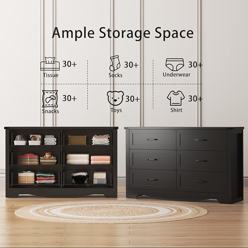 Xixini Dresser with 6 Drawers, Double Dresser for Bedroom, Black Farmhouse Chest of Drawers, Wide Wood Storage Dresser Organizer, Rustic TV Stand with Metal Handle for Hallway, Living Room, Entryway Xixini