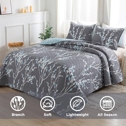 Andency Quilt King Size Grey Blue (106x96 Inch), 3 Pieces Floral Lightweight Bedding Set, Microfiber Reversible Flower Quilted Bedspread Coverlet with 2 Pillowcases for Men Women