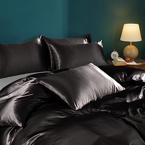 Horbaunal 5 Pieces Satin Duvet Cover Set Queen/Full Size Black Duvet Cover with Corner Ties & Zipper Closure, Luxury & Silky Bedding Set, 1 Duvet Cover and 4 Pillowcases (No Comforter) Horbaunal
