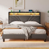Rolanstar Queen Size Bed Frame, Storage Headboard with Charging Station and LED Lights, Upholstered Bed with Heavy Duty Wood Slats, No Box Spring Needed, Noise Free, Easy Assembly, Dark Grey Rolanstar