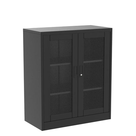 Yizosh Metal Storage Cabinet with Glass Doors - 35.4" Locking Display Cabinet with 2 Adjustable Shelves, 3-Tier Steel Cabinet Locker for Home Office, Living Room, Bedroom (Black) Yizosh
