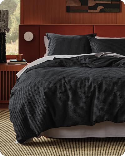 Bedsure Cotton Duvet Cover Set - 100% Cotton Waffle Weave Black Duvet Cover Oversized King Size, GentleSoft™ and Breathable Bedding Set for All Season, 3 Pieces, 120"x98" Bedsure