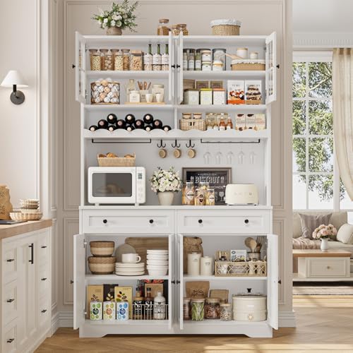 HOSTACK 75.4" Tall Kitchen Pantry Cabinet with Charging Station, Modern White Kitchen Hutch with Microwave Stand and Wine Racks, Large Food Pantry Storage Cabinet with Glass Doors and Drawers, White HOSTACK