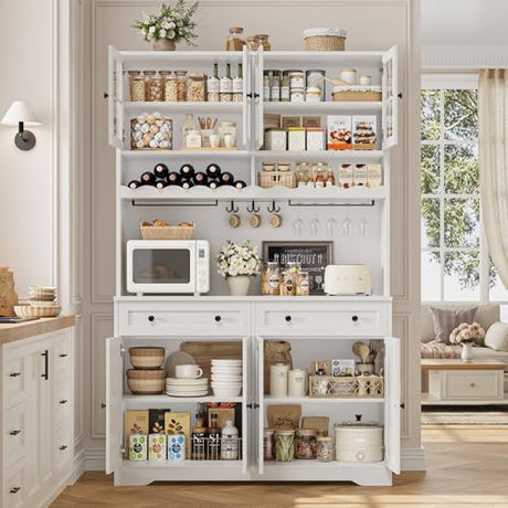 HOSTACK 75.4" Tall Kitchen Pantry Cabinet with Charging Station, Modern White Kitchen Hutch with Microwave Stand and Wine Racks, Large Food Pantry Storage Cabinet with Glass Doors and Drawers, White HOSTACK