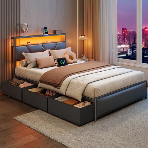 OURPIC Full Size Bed Frame, 2-Tier Storage Headboard & 6 Drawers, PU Leather Upholstered Platform Bed Frame Full with Charging Station and LED Lights, No Box Spring Needed, Noise Free OURPIC