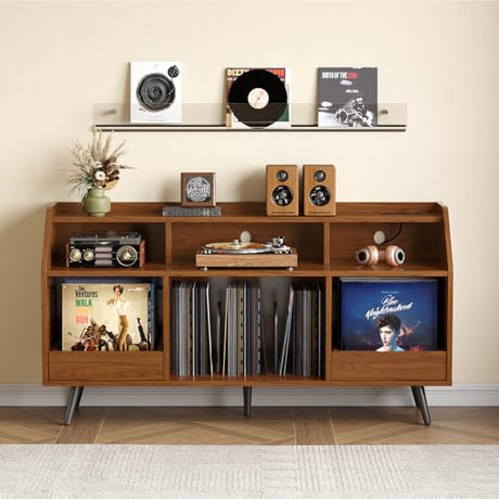 55 Inch Record Player Stand with LED Light, Modern Vinyl Record Storage Cabinet with 2 Drawers & Open Shelves, Holds up to 500 Albums, Turntable Stand w/Charging Station for Living Room Bedroom Walnut ONBRILL