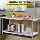 VEVOR Stainless Steel Prep Table, 72 x 30 x 34 Inch, 550lbs Load Capacity Heavy Duty Metal Worktable with Adjustable Undershelf, Commercial Workstation for Kitchen Restaurant Garage Backyard VEVOR