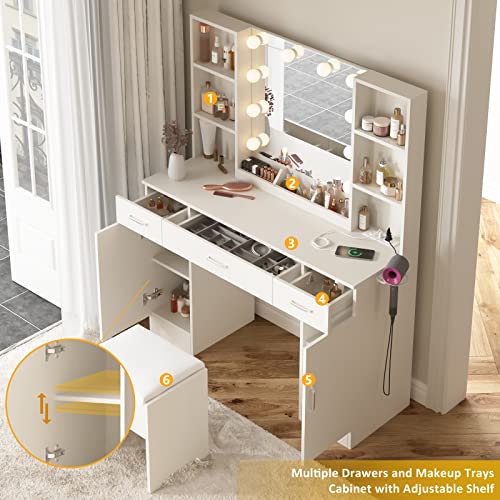 Vabches Makeup Vanity Table with Lighted Mirror & Power Strip, Large Vanity Set Vanity Desk with Storage Stool, 3 Lighting Modes, Brightness Adjustable, 45.2in(L) Vabches