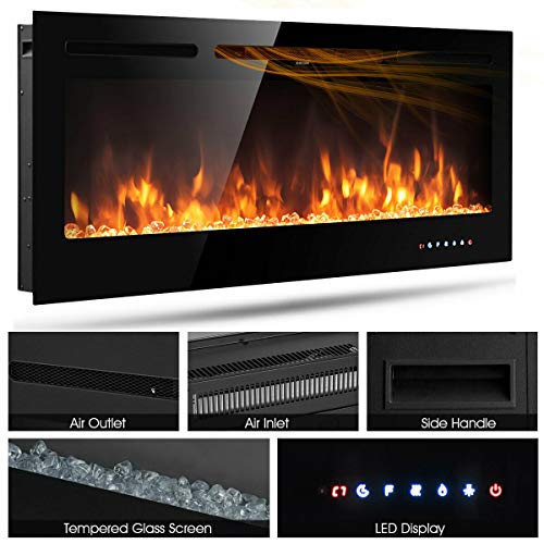 Tangkula 50 inches Electric Fireplace Insert with Thermostat, in-Wall Recessed and Wall Mounted 1500 W Faux Fireplace, Touch Screen Control, 9 Flamer Color, Temperature Control & Timer (50 inches) Tangkula