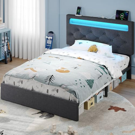 Rolanstar Twin Bed Frame with Charging Station, LED Bed with Under Bed Storage, Adjustable Headboard 38.9/40.8 Inches, No Box Spring Needed, Noise Free, Easy Assembly, Grey Rolanstar