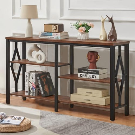 HOMBAZAAR Console Sofa Table, Rustic Entryway Table with Metal Frame and Open Shelves, Industrial Hallway Table with 3 Tier for Entry, Living Room, Foyer,Brown,47 inch HOMBAZAAR