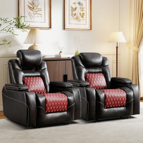 ANJ Power Recliner Chair Set of 2,Home Theater Seating with Adjustable Headrest,Cup Holders,USB Port,Hidden Arm Storage(Brown)