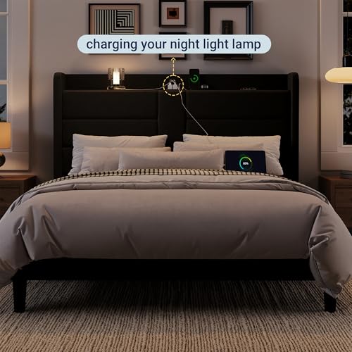 Allewie Queen Size Platform Bed Frame with Charging Station & Storage Headboard, Upholstered Velvet Wingback Design & USB Port, Strong Wooden Slats Support, No Box Spring Needed, Easy Assembly, Black Allewie