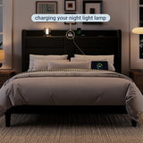 Allewie Queen Size Platform Bed Frame with Charging Station & Storage Headboard, Upholstered Velvet Wingback Design & USB Port, Strong Wooden Slats Support, No Box Spring Needed, Easy Assembly, Black Allewie