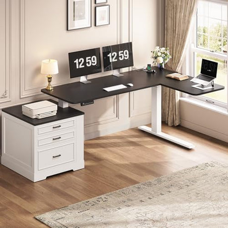 SEDETA Farmhouse L Shaped Electric Standing Desk, 70.9" x 39.4" Height Adjustable Office Executive Desk with 3 Drawers, Standing Computer Desks with Power Outlet for Home Office, White SEDETA