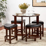 Roundhill Furniture Cylina Solid Wood Glass Top Round Dining Table with 4 Chairs Roundhill Furniture