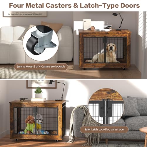 EasyCom Dog Crate Furniture, Extra Large Dog Kennel Indoor with Top-Access Teasing/Feeding Door, Spacious Dog House Moveable Furniture-Style Dog Cage with Wheels Double Doors - WoodArtSupply