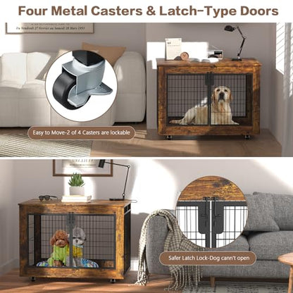 EasyCom Dog Crate Furniture, Extra Large Dog Kennel Indoor with Top-Access Teasing/Feeding Door, Spacious Dog House Moveable Furniture-Style Dog Cage with Wheels Double Doors - WoodArtSupply