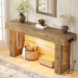 Unikito 63'' Farmhouse Console Table with Power Outlets and Sensor Light, Wooden Entryway Table with Storage, Rectangular Sofa Tables Behind The Couch for Entrance, Hallway, Living Room, Natural Oak Unikito