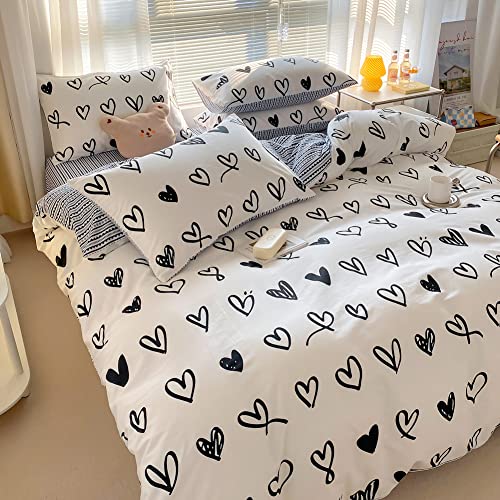 BlueBlue Hearts Kids Duvet Cover Set Twin 100% Cotton Bedding for Boys Girls Teens Single Bed Cartoon Kawaii Black White Heart Love Pattern 1 Cute Comforter Cover 2 Pillowcase (Twin) BlueBlue