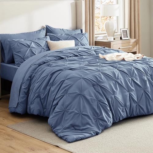 Bedsure Queen Comforter Set Slate Blue - Bed in a Bag Queen Size Bedding 7 Pieces, GentleSoft™ Pintuck Bed Set Gift for Family, Pinch Pleat All Season Comforter with Sheets, Pillowcases & Shams Bedsure