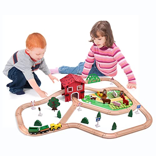 FUN LITTLE TOYS 77PCS Wooden Train Set Toy Train for Boys & Girls with Wood Train Track Fits Major Brand, Wooden Farm Play Set for Kids Wooden Toys FUN LITTLE TOYS