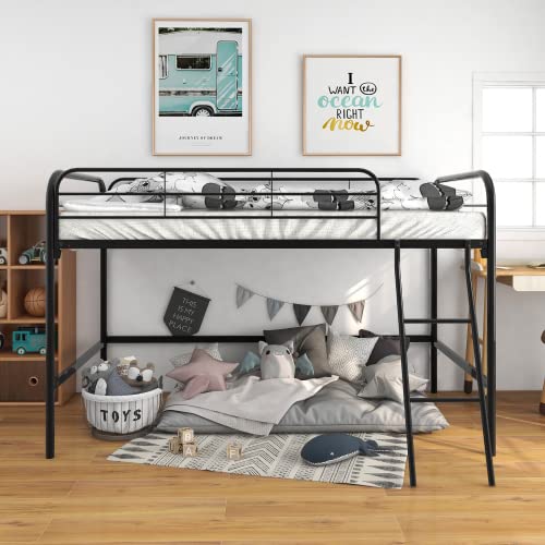 Majnesvon Metal Low Loft Bed Twin Size with Sturdy Steel Frame, Twin Loft Bed Frame with Ladder and Safety Guardrails, Storage Space Under The Bed for Kids, Toddlers, Teens (Black) Majnesvon
