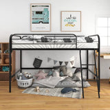 Majnesvon Metal Low Loft Bed Twin Size with Sturdy Steel Frame, Twin Loft Bed Frame with Ladder and Safety Guardrails, Storage Space Under The Bed for Kids, Toddlers, Teens (Black) Majnesvon