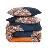 Wake In Cloud - Bohemian Comforter Set, Boho Chic Ornate Floral Elements Pattern Printed for Men Women, Soft Lightweight Bedding, 3 Pieces, Orange Navy, Queen Size Wake In Cloud
