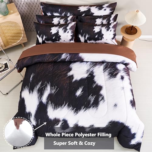 SUCSES 8 Pieces California King Comforter Set with Sheets, Cal King Size Cow Fur Print Bedding Set for Kids Teens Boys Girls, Western Style Highland Cowhide Farmhouse Bed in A Bag SUCSES