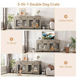 71''Wooden Dog Crate Furniture for 2 Dogs, XXL Indoor Double Dog Kennel with 3 Storage Drawers and Removable Divider, Wooden Double Doors, Large Dog Crate TV Stand End Table, Gray GarveeTech